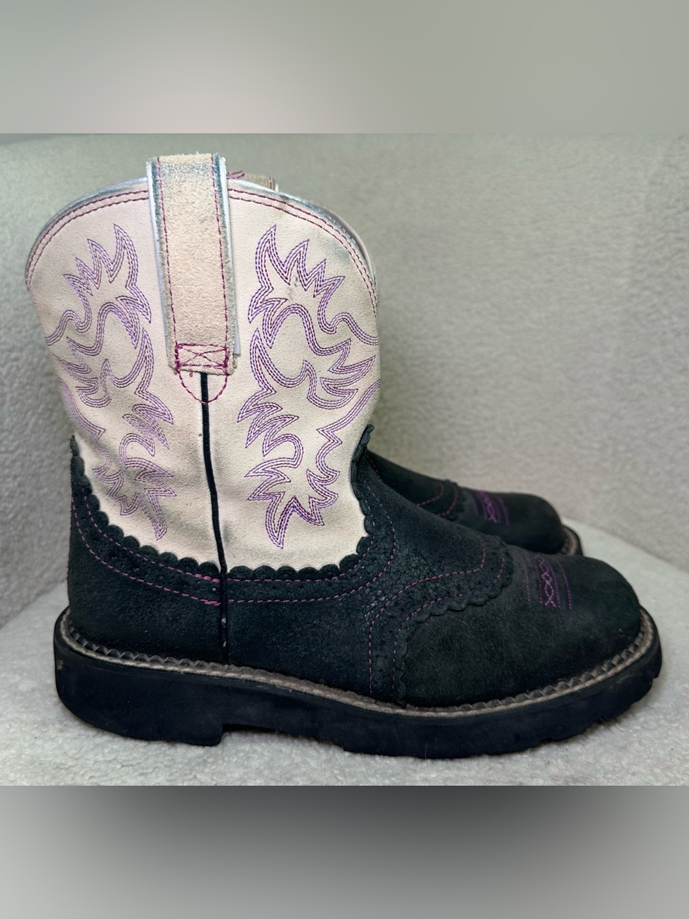 Ariat Fatbaby Western Cowboy Boots Black Cream Purple Embroidered Cowgirl Boho 9